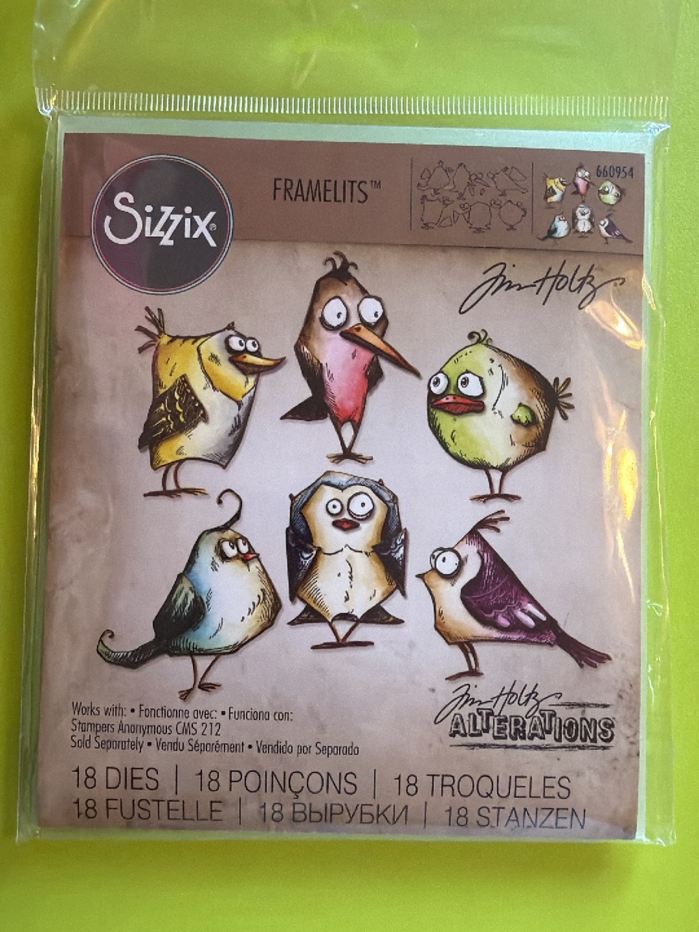 Sizzix Tim Holtz FramELITS Bird Die Set - Yellow, Green, Pink, Blue, Purple